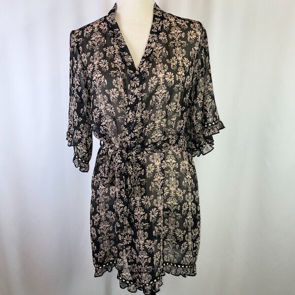 Forever 21 Robe Size S Baroque Pattern Black Tan Ribbon Ruffle Hem Elbow Sleeves - Picture 1 of 10